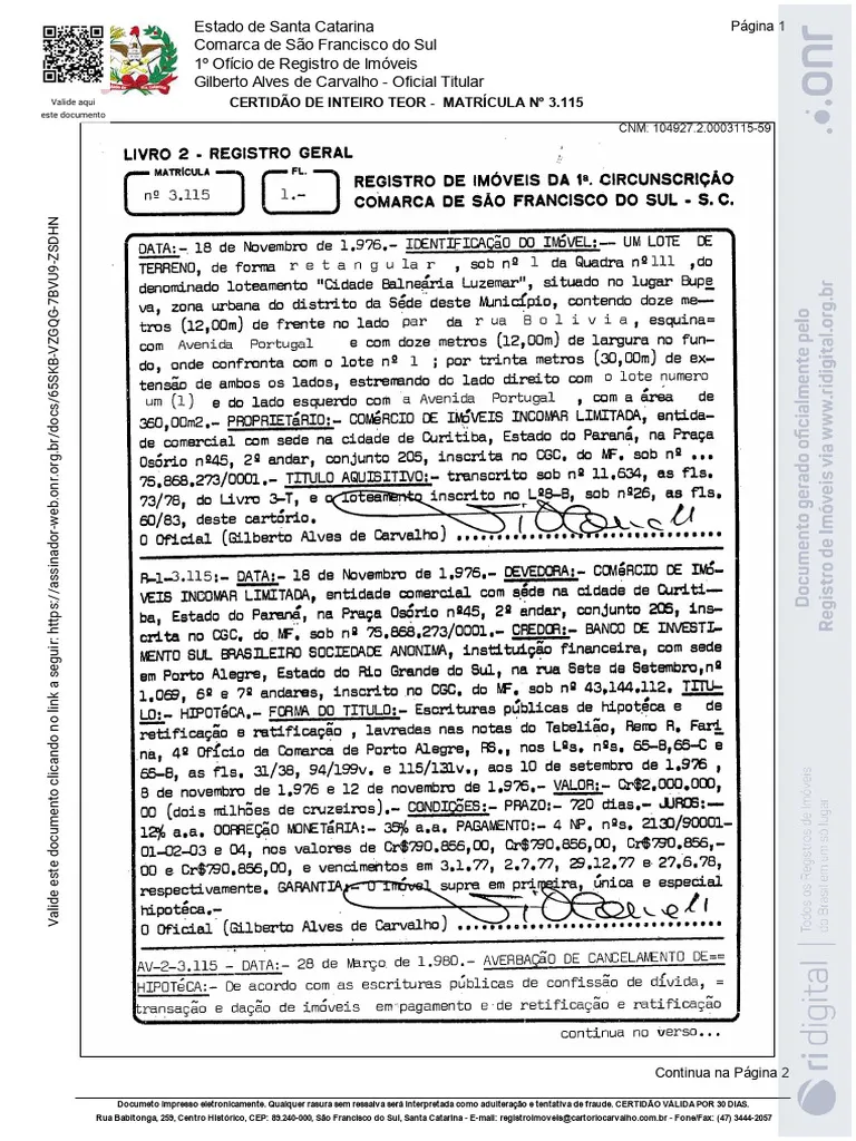 Matricula de imovel com registro de onus e gravames