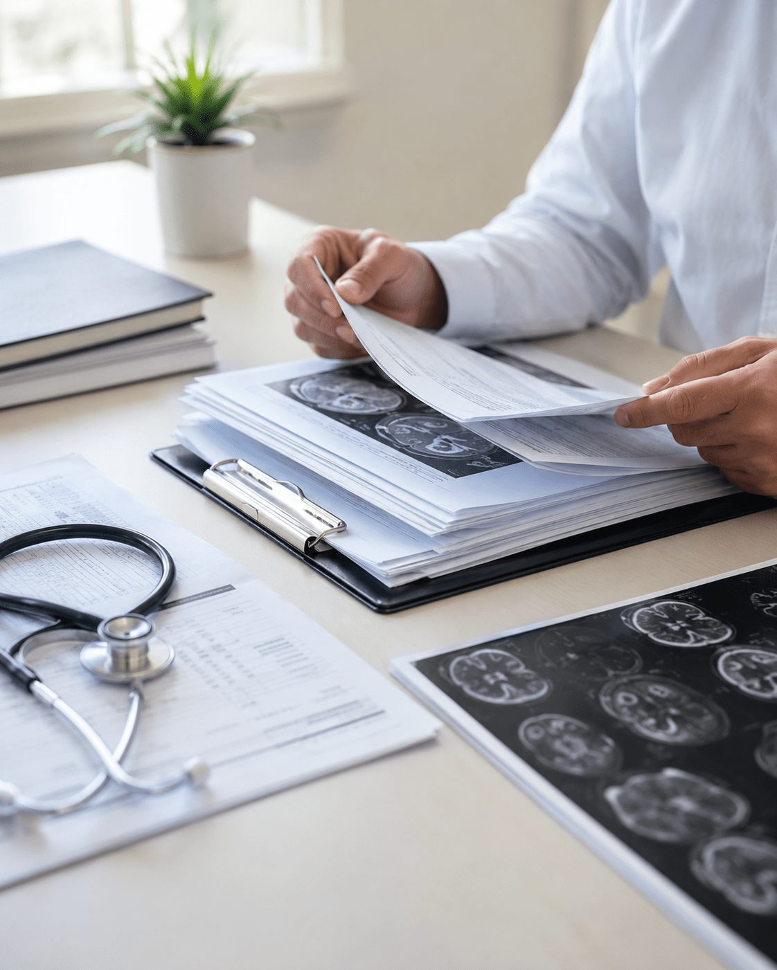 documentos para a perícia médica do INSS organizados sobre a mesa