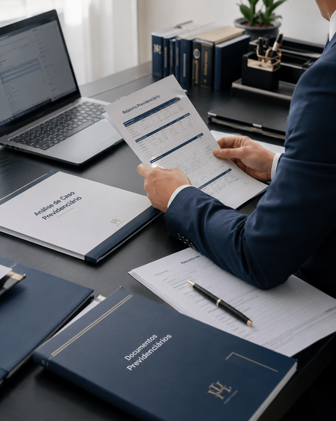advogado do escritório analisando documentos previdenciários