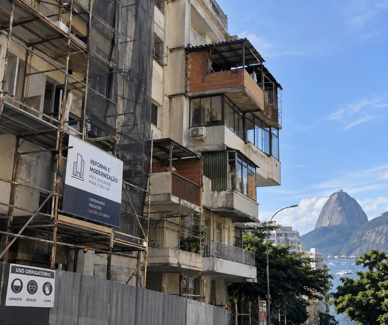 imagem sugerida: fachada de predio residencial no rio de janeiro com obra em andamento, andaimes e varandas irregulares tipo puxadinho