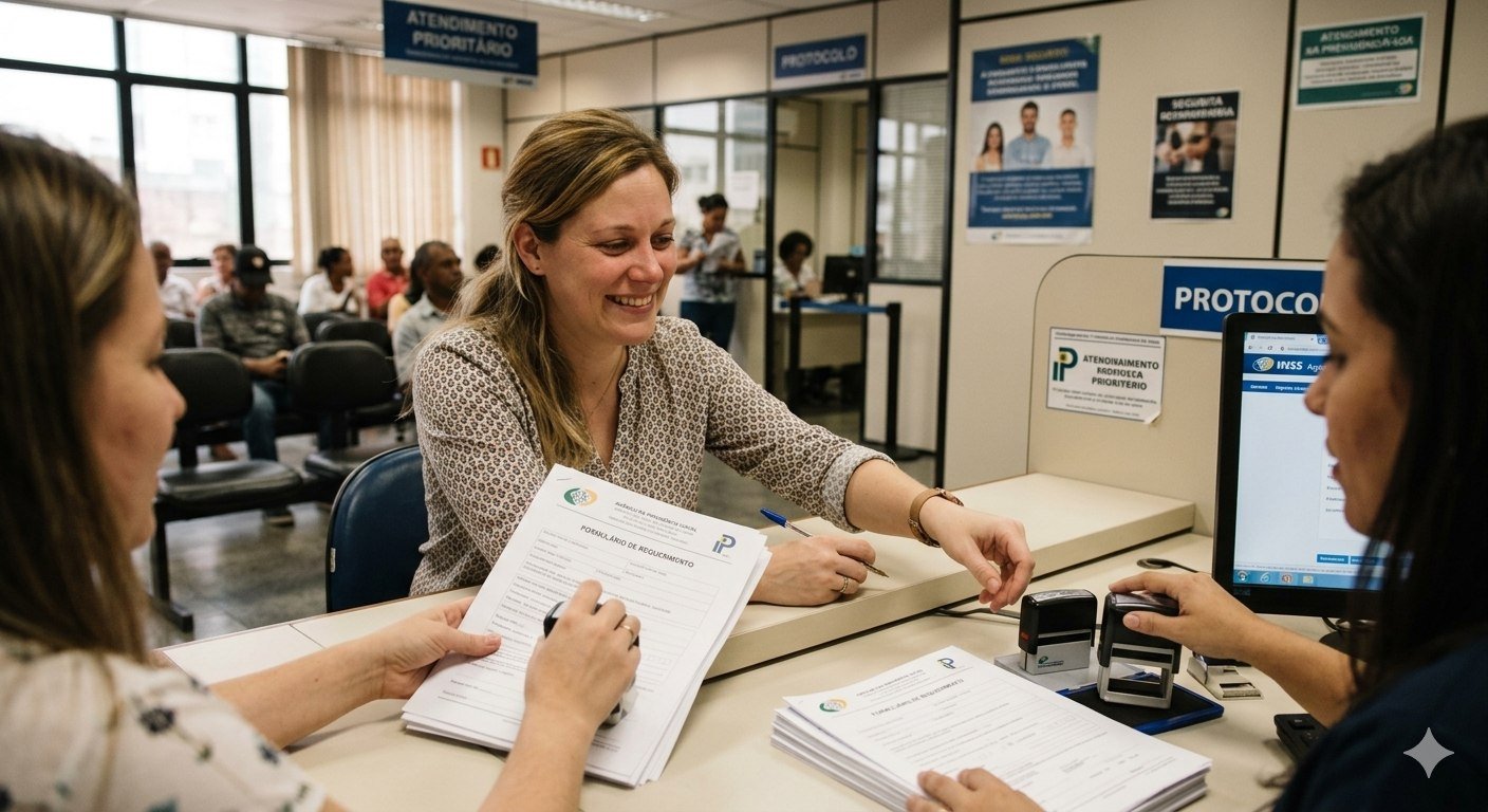 imagem sugerida: mae adotante protocolando documentos em setor de recursos humanos ou agencia do inss