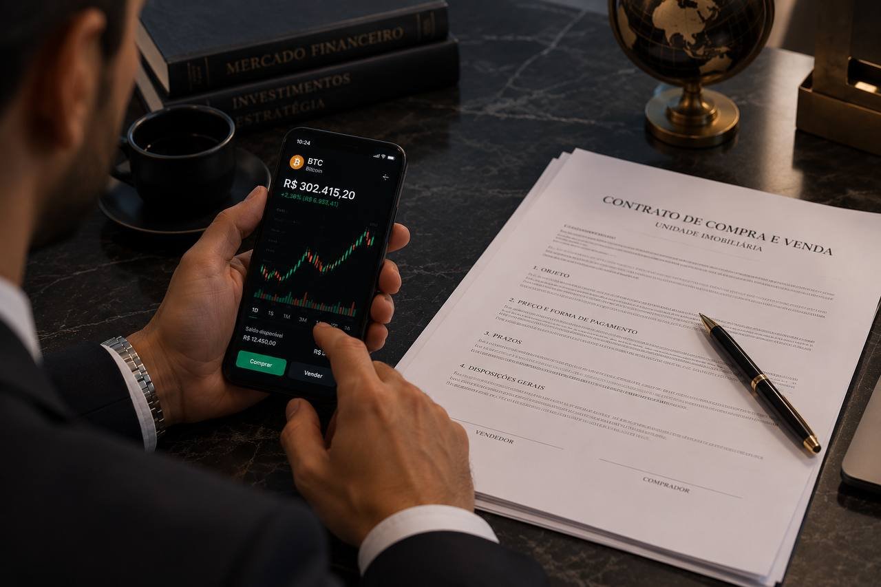 imagem sugerida: pessoa analisando grafico de criptomoeda no celular com contrato de compra e venda ao lado sobre a mesa