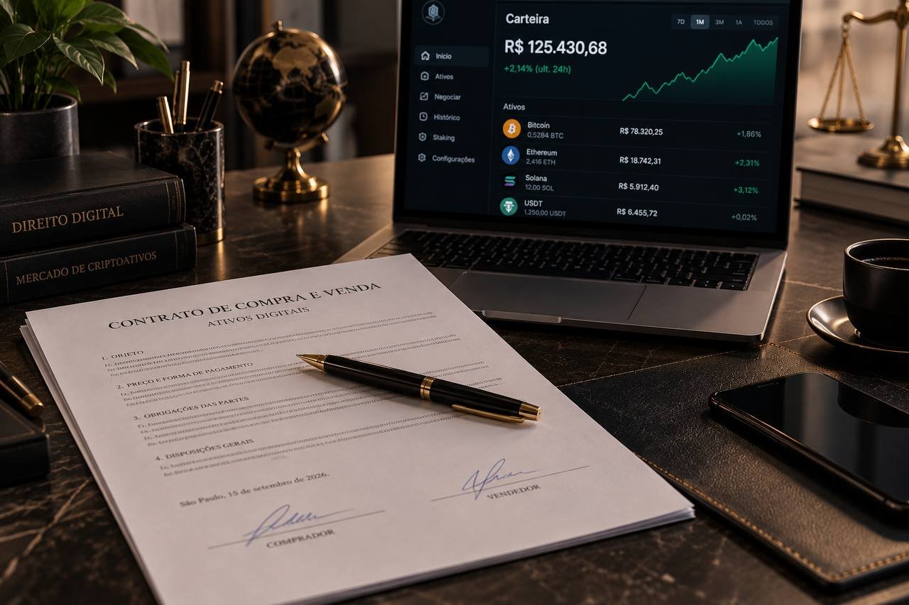 imagem sugerida: contrato assinado sobre mesa de escritorio com notebook ao fundo exibindo carteira digital de criptoativos