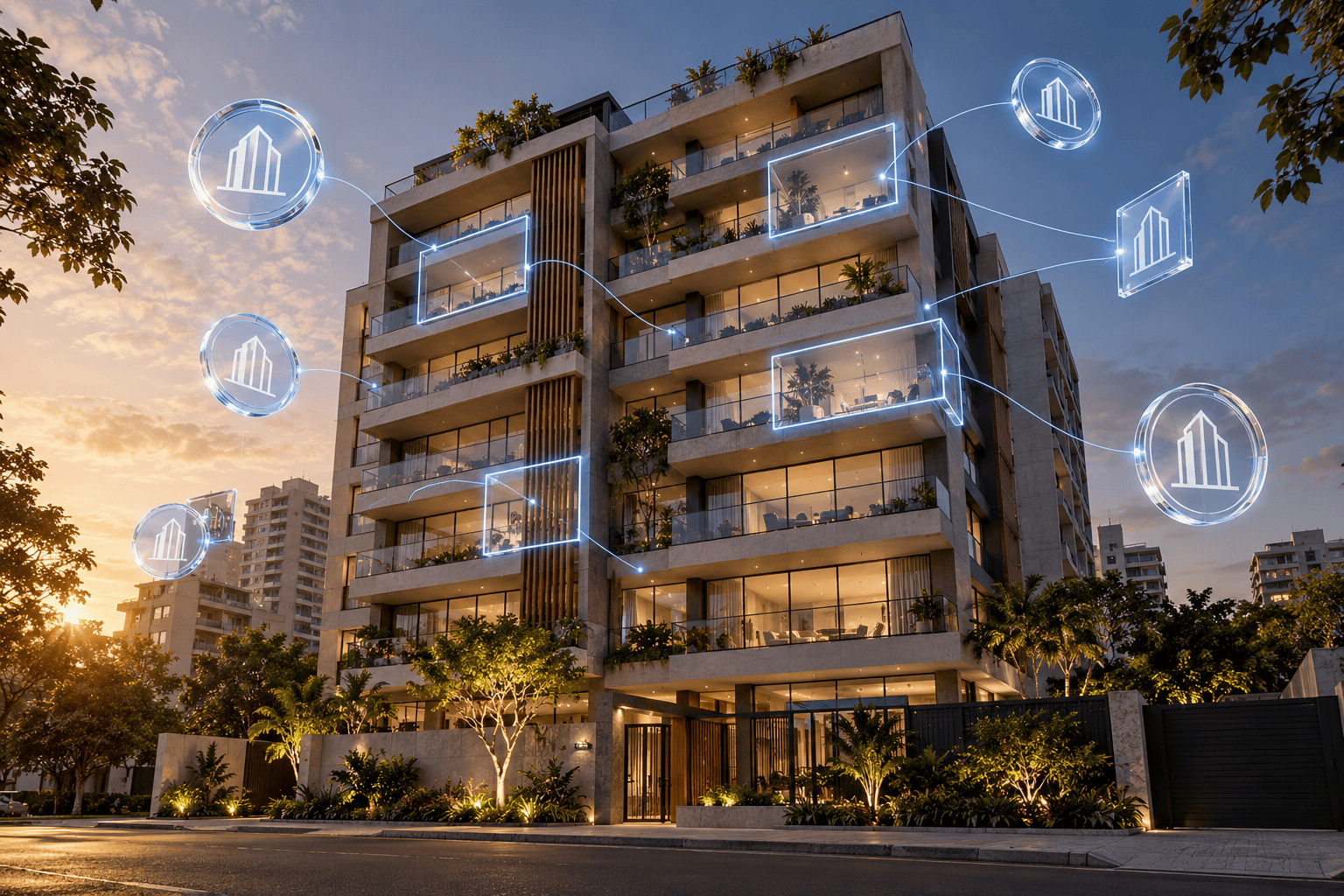 imagem sugerida: fachada de predio residencial com sobreposicao visual de tokens digitais, simbolizando a tokenizacao de imoveis