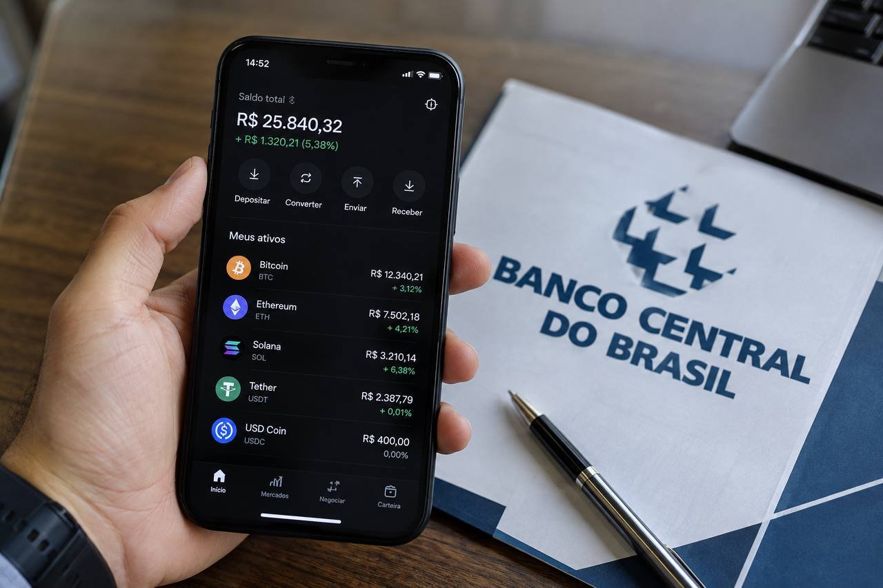 imagem sugerida: pessoa segurando celular com aplicativo de corretora de criptoativos aberto na tela de saldo, ao fundo um documento ou simb