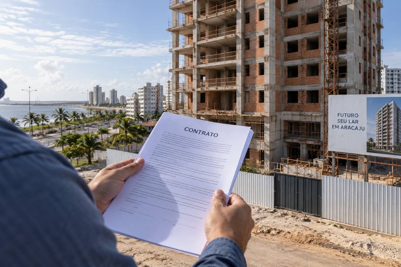 imagem sugerida: foto de comprador segurando contrato em frente a edificio residencial inacabado em aracaju, sem rosto identificavel