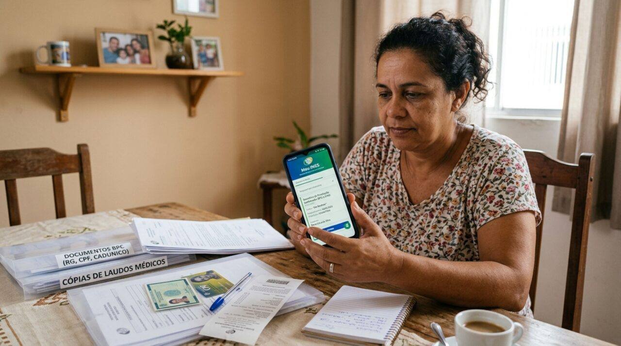 imagem sugerida: pessoa organizando carteira de trabalho, extrato do cnis e laudos medicos para protocolar pedido no aplicativo meu inss pel
