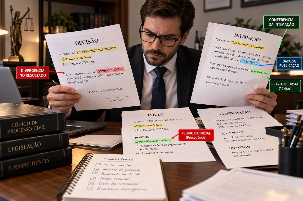 imagem sugerida: foto nova de advogado comparando decisao judicial com documentos ficticios, destacando divergencias e conferindo a data da 