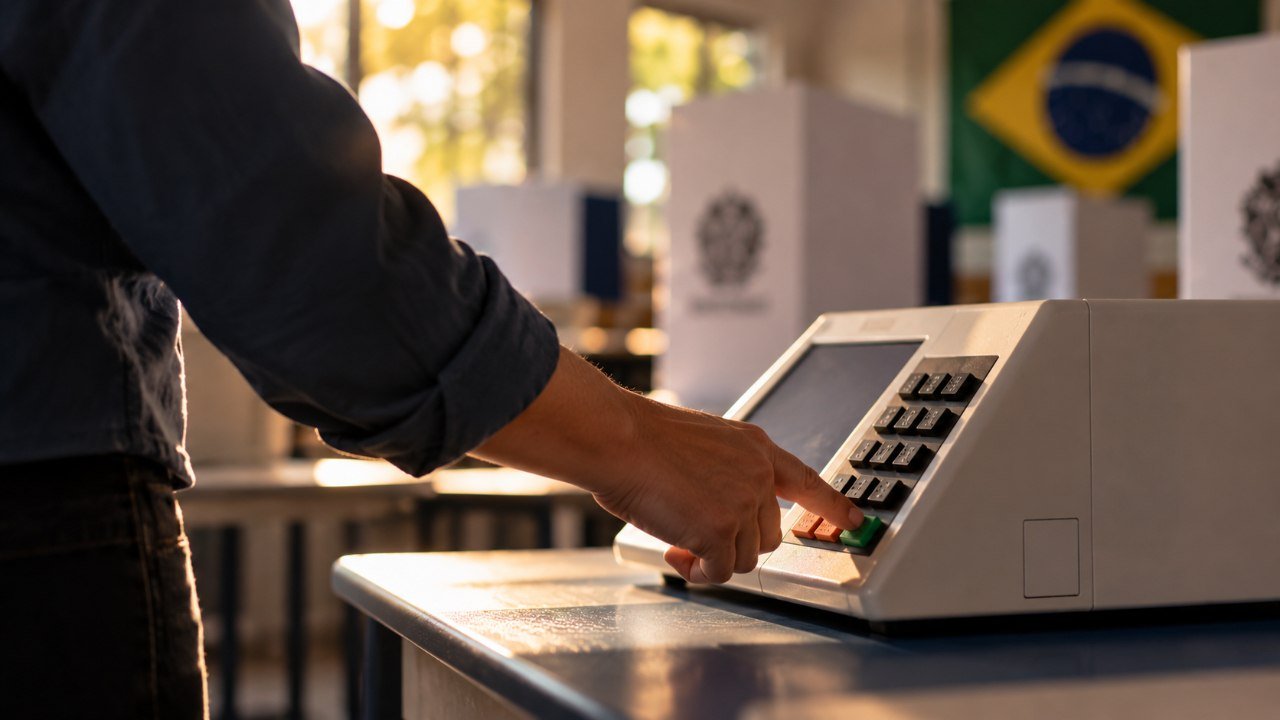 imagem sugerida: eleitor com camiseta de campanha votando em secao eleitoral, celular no bolso, clima de dia de eleicao