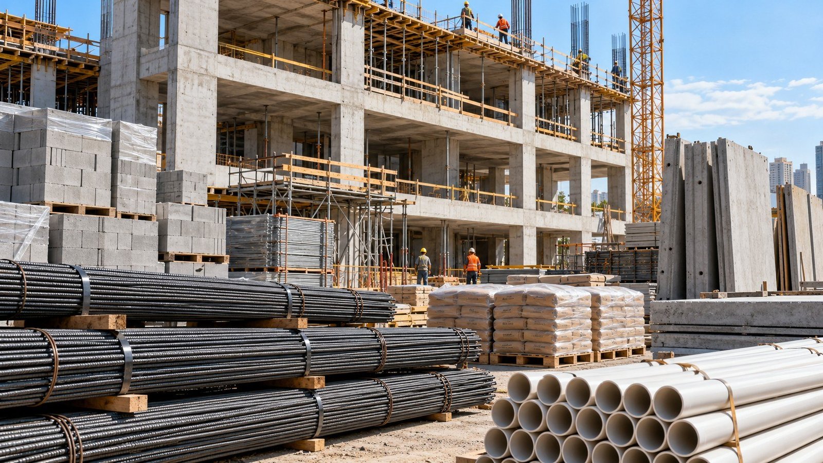 imagem sugerida: canteiro de obras com materiais industrializados e estrutura de concreto, ilustrando os insumos que geram creditos de ibs e