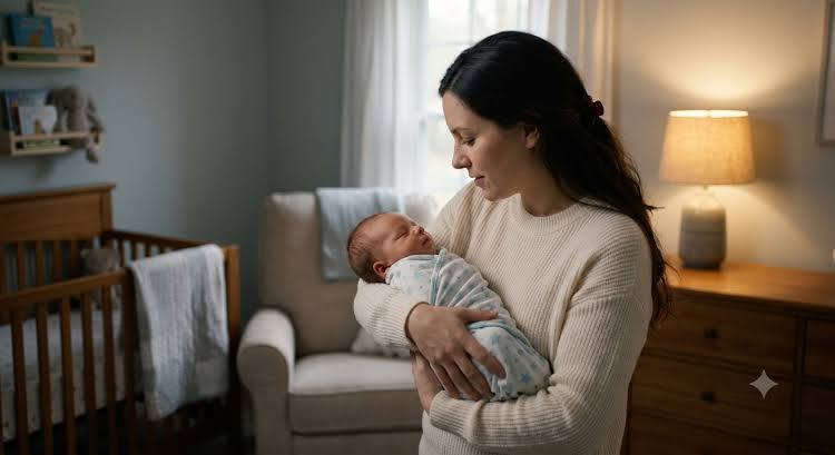 imagem sugerida: mae segurando o bebe enquanto consulta o aplicativo meu inss no celular, em ambiente domestico