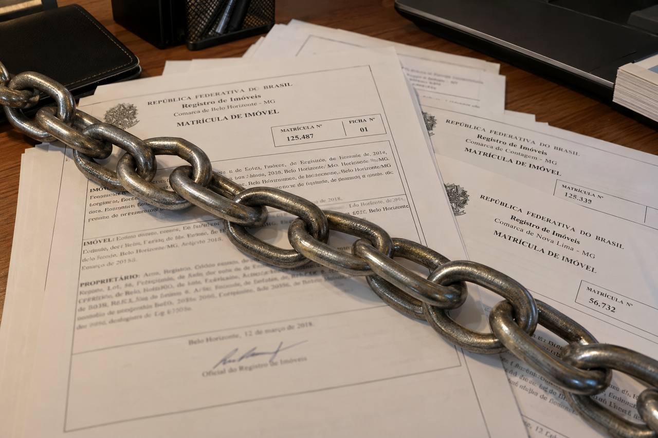 imagem sugerida: corrente de elos metalicos sobre mesa com documentos de compra e venda, representando a cadeia de vendas sucessivas do mesm